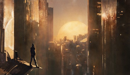 fantastic illustration with sunset. futuristic man standing on the roof of skyscraper and looks at the city from above. urban landscape