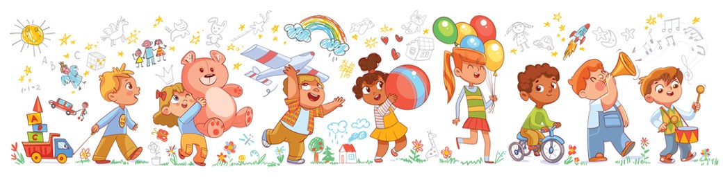 kids in kindergarten play with their favorite toys against the background of the wall with children drawings. long banner. funny cartoon characters. vector illustration. isolated on white background