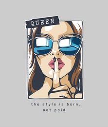 typography slogan with comic cartoon girl in sunglasses shh gesture illustration