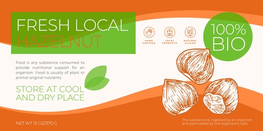 fresh local nuts label template. abstract vector packaging horizontal design layout. modern typography banner with hand drawn hazelnut sketch silhouette background. isolated.