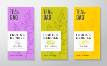 exotic fruits tea labels set. vector packaging design layouts bundle. modern typography, hand drawn tea leaves, figs, kiwano and starfruit silhouettes background. beverage banners. isolated.