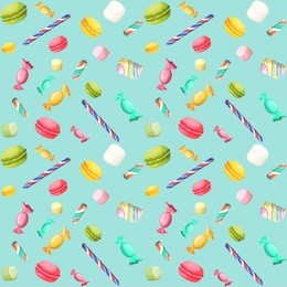 sweets candy seamless pattern with macaron and marshmallow vector illustration
