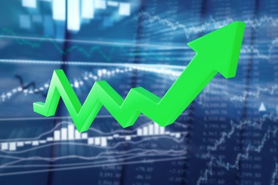 growing green arrow on a blurred background of stock quotes. growth stocks investing, bull market concept. 3d illustration