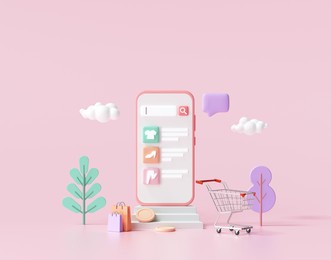 shopping online application on smartphone, online mobile shopping and delivery for web page template. 3d render illustration