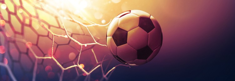 soccer ball in the net in the sunbeams. golden background