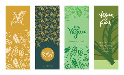 template vegan banner set. hand drawn grain crops pattern, bread grains icons. vector fresh leaf background for bakery packaging design, bread label, healthy food banner, website vegetarian restaurant
