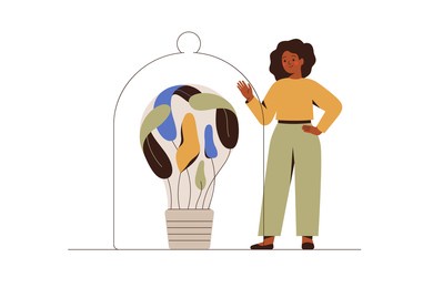 black woman finds creative thought and protects it. happy african female entrepreneur growths her business idea with safety. concept of copyright and trademark. flat vector illustration