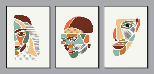 set of minimalist contemporary portrait of woman beauty surreal face line art