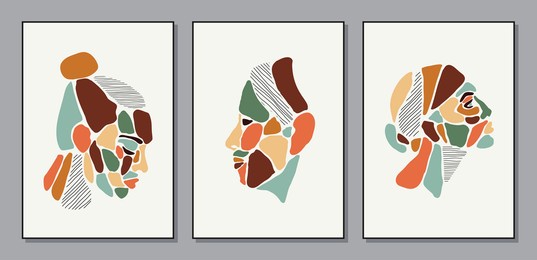 set of minimalist contemporary portrait of woman beauty surreal face line art