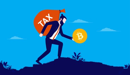 bitcoin tax payment - man walking with big bag of tax money while holding bitcoin in hand. vector illustration.