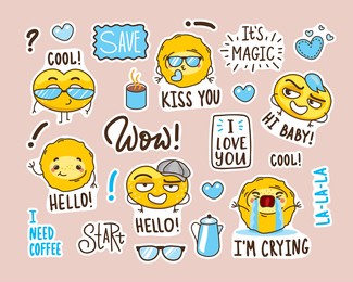 set of stickers with funny faces. funny cookies in a cartoon style with different emotions. cute heroes and funny lettering.