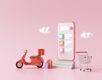 3d minimal online shopping on smartphone application service, digital marketing, online buying, and online payment concept. 3d banner background.