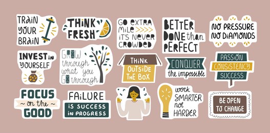 collection of inspirational quotes in stickers. success, growing concept. bundle of decoration for daily planner, journal, scrapbook. vector hand drawn cartoon illustration.