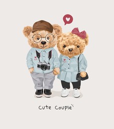 cute couple slogan with bear doll lovers in couple clothe illustration