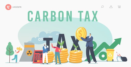 green co2 taxes landing page template. tiny characters at huge coins piles with sprouts growing and factory pipe emitting smoke. taxation for nature pollution. cartoon people vector illustration