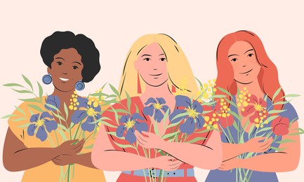 three lovely women of different nationalities and cultures standing together in spring flowers. women's friendship, union of feminists or sisterhood. the concept of the female's empowerment movement.