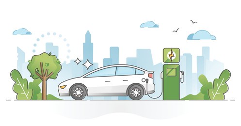 electric car usage and green electricity energy consumption outline concept. motor type with plug in socket as environmental and nature friendly power alternative to fuel vehicles vector illustration.