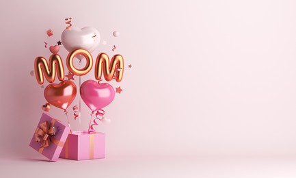 happy mothers day decoration background with gift box, balloon, mom text, copy space text, 3d rendering illustration