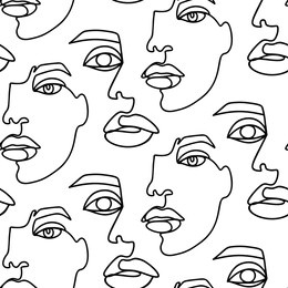 abstract one line seamless pattern. continuous outline background with female faces. modern woman aesthetic contour. fashion print. stylized printable design in sketch, doodle style. surreal texture.