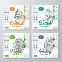 bone broth label templates set. abstract vector food packaging design layouts collection. modern typography with hand drawn vegetables, chicken, duck and turkey face sketch backgrounds. isolated.