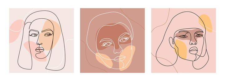 set of women’s faces in one line art. Сoffee and milk color palette.  surreal portraits in vector with abstract shapes.  for prints, tattoos, postcards, posters, t-shirts, clothes, avatar etc
