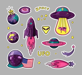 cosmos is a set of stickers for kids. rocket, ufo, planets, stars, astronaut. vector.