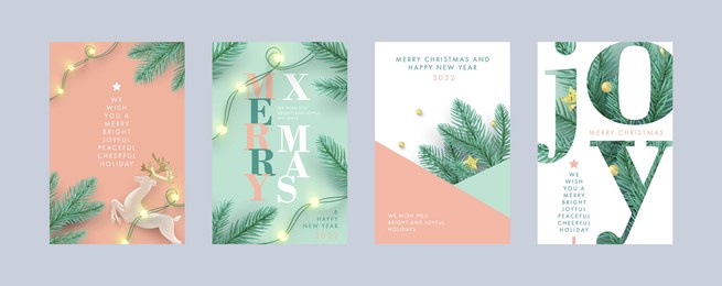 merry christmas and happy new year set of backgrounds, greeting cards, posters, holiday covers. xmas design with realistic fir tree branches, deer and garlands lights in modern 3d realistic style
