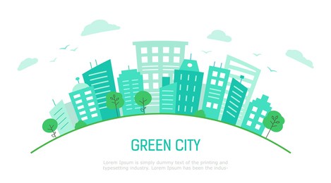 banner or poster with an ecological green city. panorama green city in flat style. urban city landscape. vector illustration.