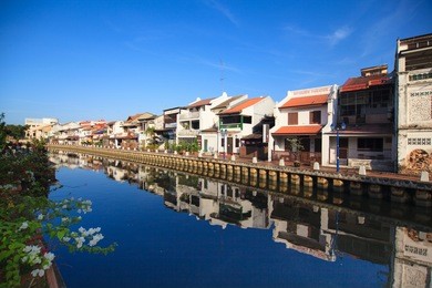 malacca city night with house near river under blue sky in malaysia, asia. 