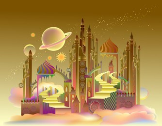 futuristic fantastic landscape of a fairy-tale city on an alien planet. flight to mars. abstract fantasy background of fairyland kingdom for banner or poster.
