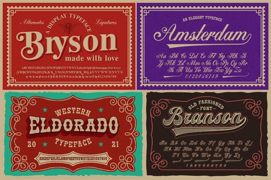a set of different fonts in retro style, these fonts are perfect for alcohol labels, vintage packages, posters, and many other creative products