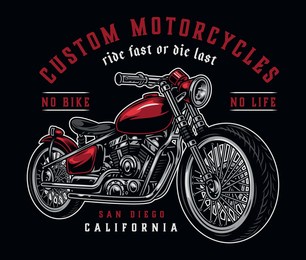 custom motorcycle colorful label in vintage style with inscriptions and motorbike on dark background isolated vector illustration