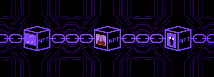 nft non-fungible tokens art and collectables illustration, use blockchain technology to create unique digital items for crypto art, crypto-collectibles and crypto-gaming.