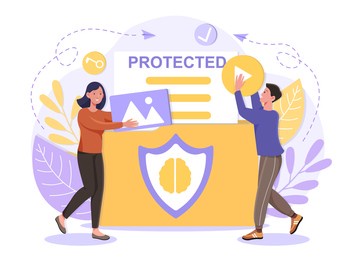 intellectual property protection from plagiarism concept people carry protected items product exclusive usage flat abstract metaphor cartoon vector illustration concept on isolated white background