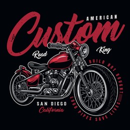 motorcycle colorful print with inscriptions and american custom motorbike in vintage style isolated vector illustration