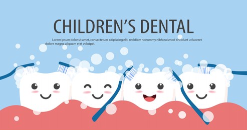 tooth cleaning. happy smiling tooth character. brushing with toothbrush and toothpaste. vector, illustration, eps, flat design, cartoon 
