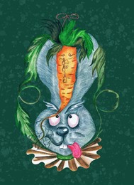 crazy rabbit with a mad carrot watercolor hand-drawn illustration. funny bunny with a crying carrot in a cartoon style. emerald green background with fantasy pattern can be changed to every background