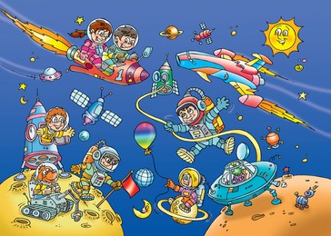 astronaut children and spacecraft in space