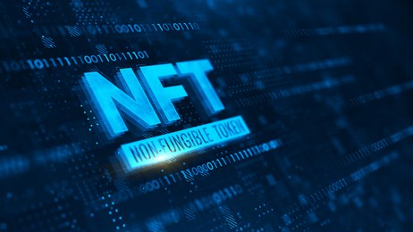 nft nonfungible tokens concept on dark blue background. 3d rendering