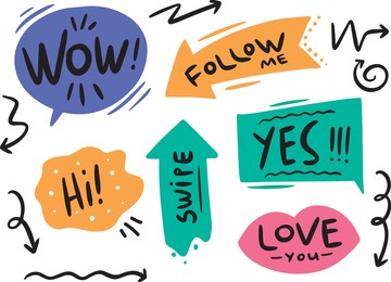 flat vector colored bubbles set with words. wow, follow me, yes, hi, swipe, love you.