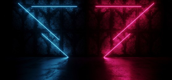 sci fi neon stage podium electric triangle laser glowing cyber purple blue red lights on rough grunge wood stone concrete cement glossy floor dark hangar tunnel corridor 3d rendering illustration