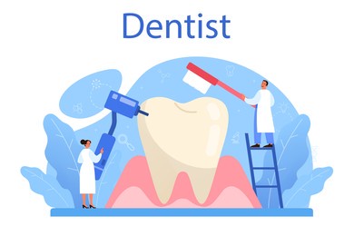 dentist concept. dental doctor in uniform treating human teeth using medical equipment. idea of dental and oral hygiene. caries treatment. flat vector illustration