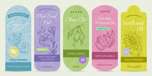 bright stickers for natural organic oils, vector illustration. inscription original product, superfood, premium quality, best quality, vitamin e, cold pressed, fresh coconut flavor