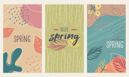 happy spring stories background set, colorful and vectored. flat and lined style with nature, geometric and other abstract elements in hand drawn style. suitable for social media, post cards or ads.