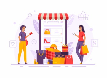 female cartoon characters choose and pay for purchases in an online woman clothing and accessories store. smartphone web store application. flat style vector illustration