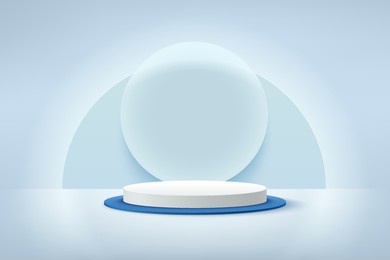modern white and blue cylinder podium with neon shining and transparent glass rings background. abstract vector rendering 3d shape for advertising products display. pastel minimal scene studio room.