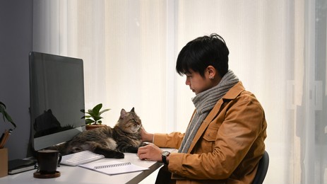 young man in yellow jacket working online and stroking his cat in comfortable home.