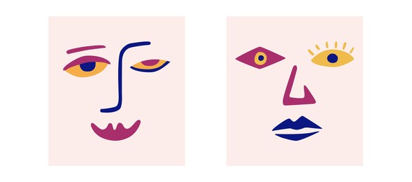 set of vector illustrations portraits, surreal faces. abstract shapes, silhouettes of faces. collecton of posters with modern faces