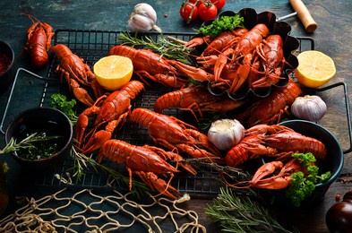 beer party. still life with crayfish crawfish on old wooden rustic background. seafood. top view. flat lay.