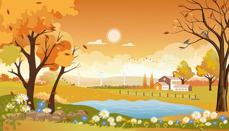 autumn landscape of farm field with orange sky,wonderland of mid autumn in countryside with cloud sky and sun,mountain,grass land in orange foliage,vector banner for fall season or autumnal background